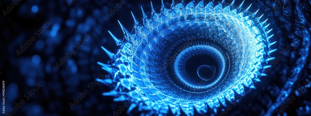 Fototapete 3D rendering of an abstract blue round fractal portal with spikes featuring a round spiral against a dark isolated background