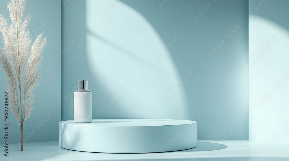 Aufkleber 3d rendering of a minimalist product display background for cream cosmetics with a contemporary blue