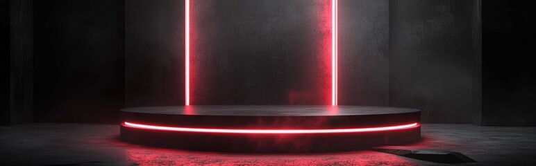 Obraz premium 3D rendered black scientific podium featuring neon lighting Geometric stand for Sci Fi presentations