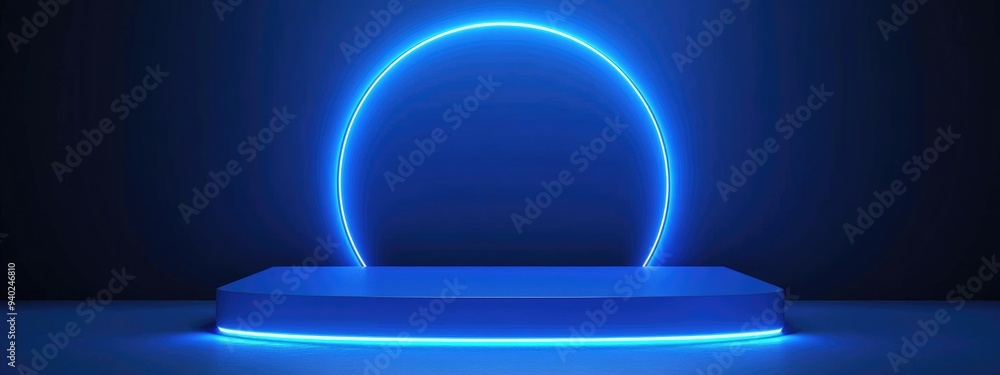 Poster 3D rendering of a blue podium with a neon glow border against a blue background suitable for various design applications and banner usage