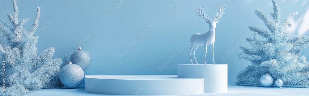 Aufkleber 3D rendering of an abstract holiday scene featuring a blue background and a white podium with a reindeer