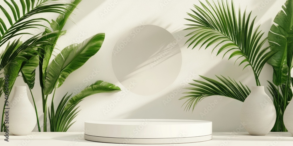 Poster 3d podium on a white background featuring palm leaves designed for summer beauty product promotion n