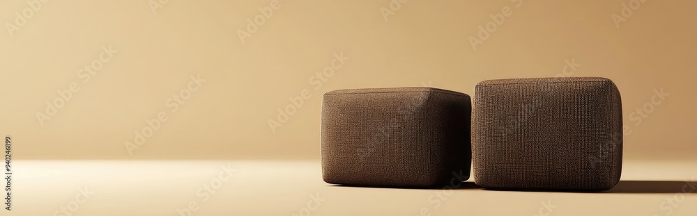 Poster 3D rendering of a minimalistic background featuring two brown fabric boxes