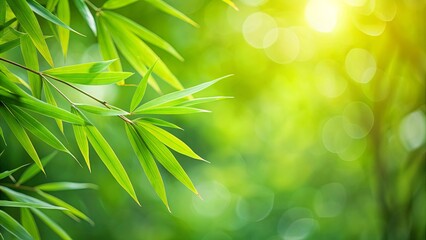 Obraz premium Abstract green Bamboo leaf with blurred foliage background in garden, Bamboo, leaf, nature, green, abstract, foliage