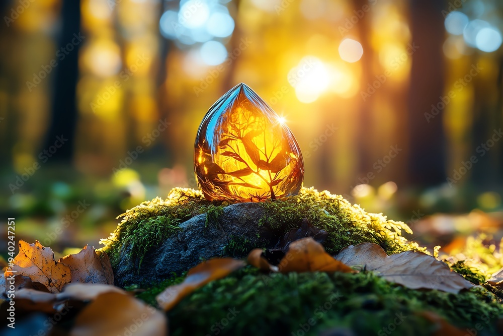 Poster a piece of amber embedded in a forest environment, surrounded by moss and fallen leaves, with sunlig