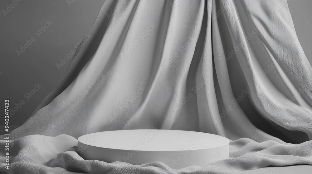 Aufkleber 3d rendering of a minimalistic background featuring a white podium and gray fabric in a grayscale th