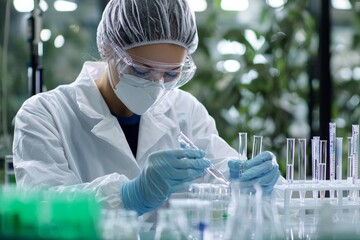 A lab technician performs a complex assay, wearing protective gear and handling delicate instruments The environment is sterile, Generative AI