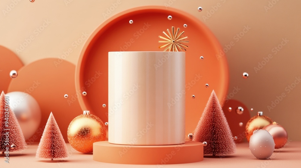 Poster 3d illustration of an empty cylinder product display with decorative elements for a festive promotio
