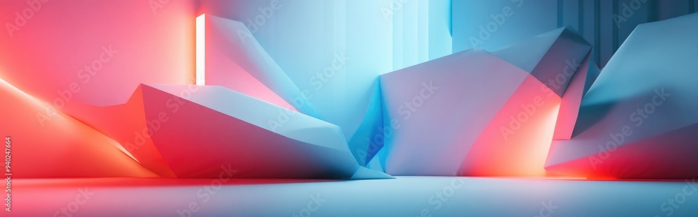 Poster 3D abstract geometric shapes on a minimalist white background with a textured paper pattern