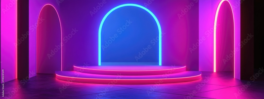 Poster 3D Render of an Abstract Background with a Podium Minimalistic Studio Setting with a Pedestal Interior Backdrop for a Landing Page Showcase or Product Presentation