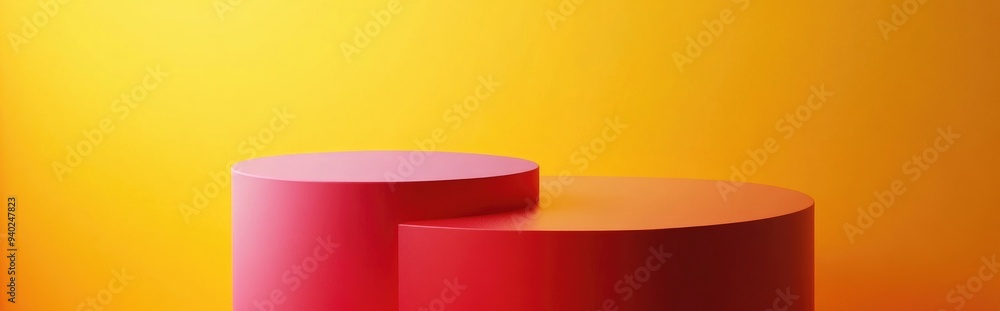 Poster 3d rendering of a red podium with modern geometric shapes on a yellow background suitable for produc