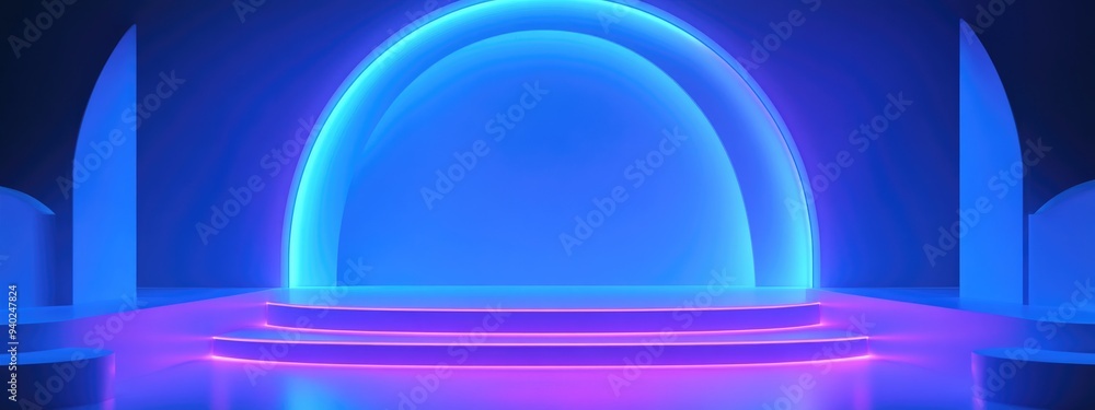 Aufkleber 3D render of an abstract neon background featuring a glowing blue rounded arch stairs and an empty performance stage designed for fashion showcases illuminated by ultraviolet light
