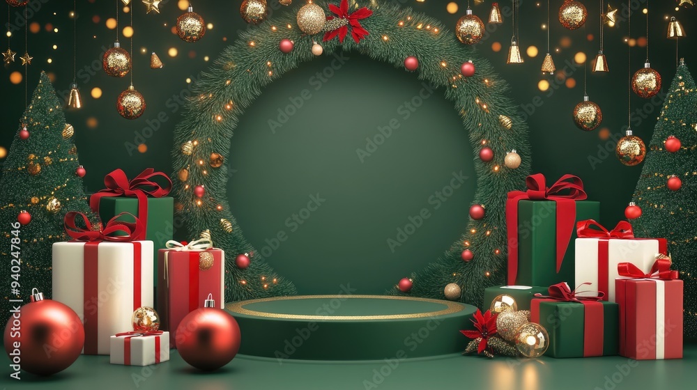 Poster 3d illustration of a merry christmas theme with a blank product podium display setting