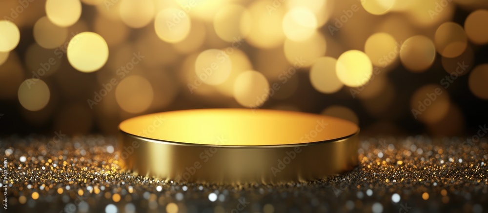 Poster 3d rendering of a gold podium with a shimmering bokeh backdrop for your project