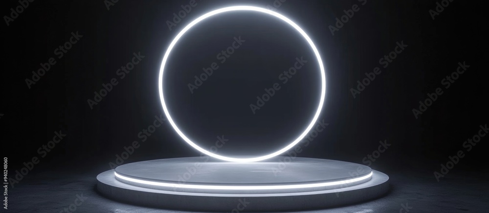 Aufkleber 3d rendering of a futuristic product display stand podium illuminated with white neon lights