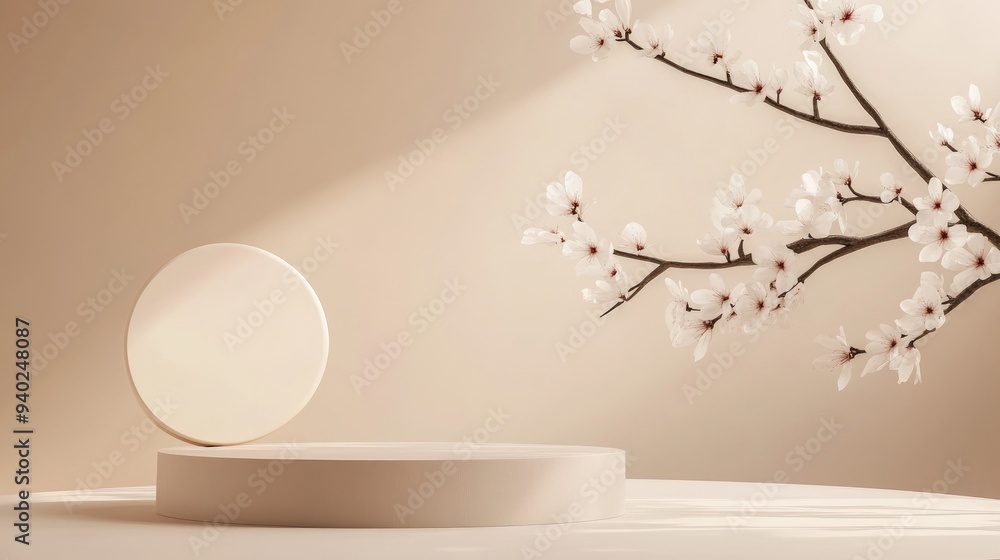 Aufkleber 3d background featuring a beige podium with a round display and a branch of sakura white flowers ide