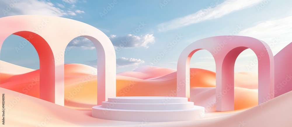 Poster 3D render of an abstract surreal pastel landscape featuring arches and a podium for product display with a panoramic view of a colorful dune scene ample copy space and a blue sky with clouds embody