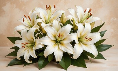 a bouquet of white lilies with gold and bronze accents on the petals and leaves, set against a soft, textured cream background