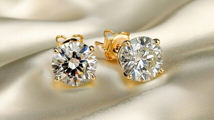 Elegant gold earrings adorned with sparkling diamonds on a soft silk background, showcasing luxury and style.