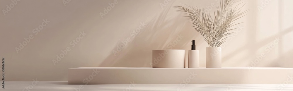 Poster 3d rendering of a minimalistic background featuring a beige pedestal for displaying cosmetic product