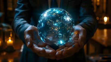 Businessman presenting futuristic business world metaverse graphic. In the form of innovation in digital business processing technology, innovation of the 21st century