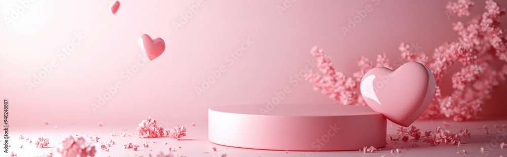 Poster 3D render of a minimalistic sweet scene featuring a display podium for mockup and product branding Pink pedestal for a romantic theme with a charming heart background perfect for a love themed des