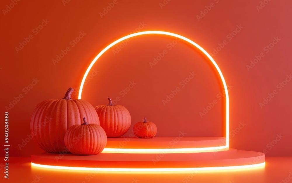 Poster 3d render of a set of pumpkins for halloween with a podium for product presentation