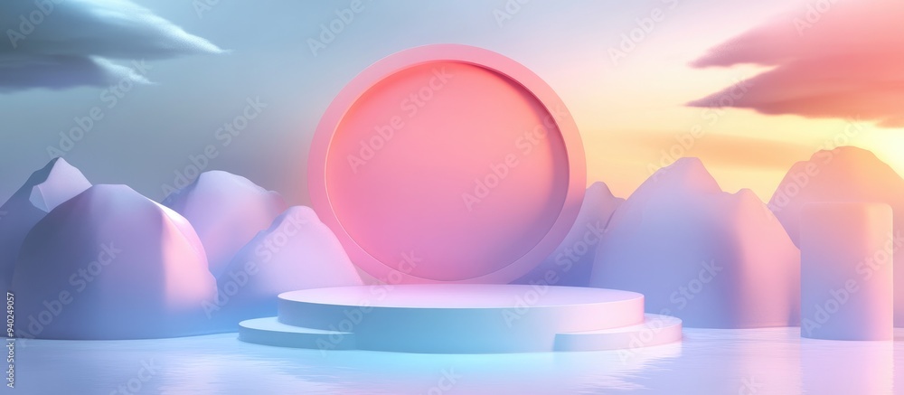 Poster 3D rendering of a gradient glossy abstract geometric podium stage designed for product showcases