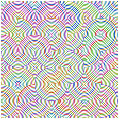 Dynamic swirls of color. This vibrant abstract artwork features overlapping circles and lines in a mesmerizing array of hues.