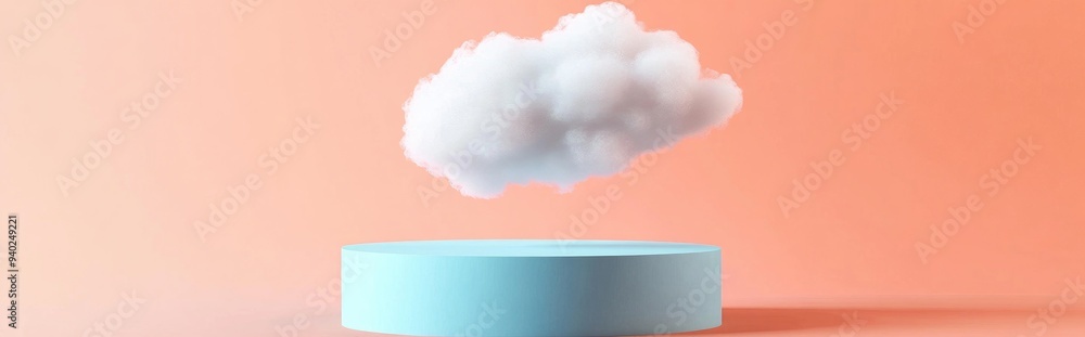 Poster 3D render of an abstract peach background featuring a white cloud floating above an empty blue podium ideal for product showcase mockups