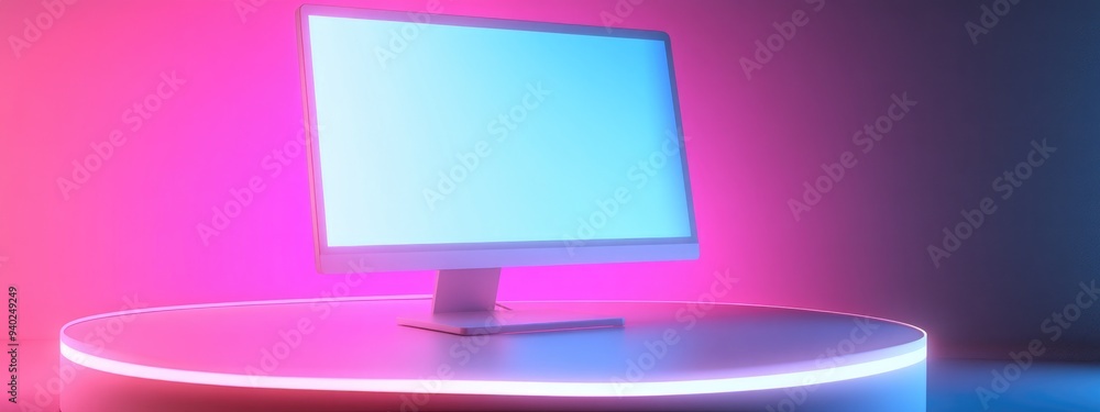 Poster 3d rendering of a white desktop monitor displayed on a neon cylindrical podium