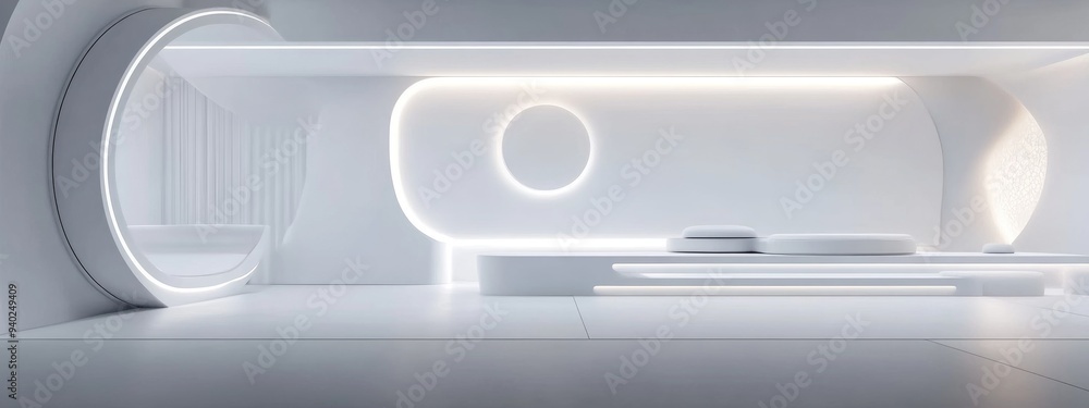 Poster 3d rendering of a white geometric sci fi product display mockup