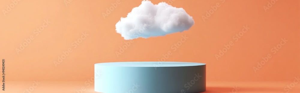 Poster 3D render of an abstract peach background featuring a white cloud floating above an empty blue podium ideal for product showcase mockups