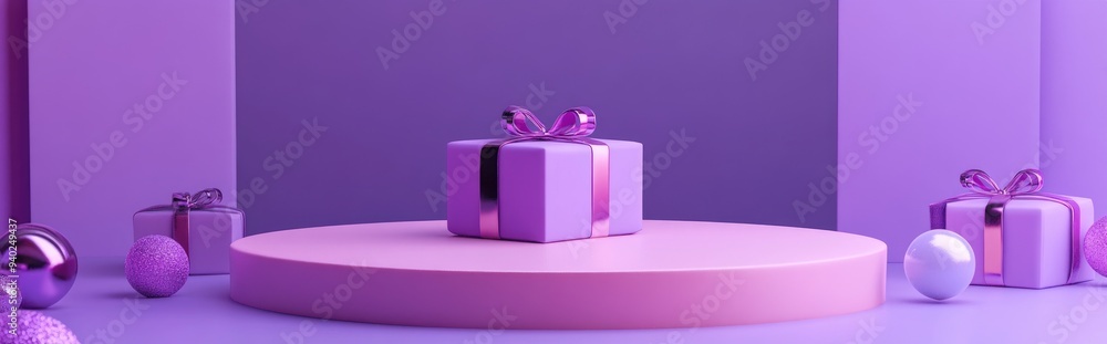 Poster 3d rendering of a podium featuring a gift box set against a purple backdrop