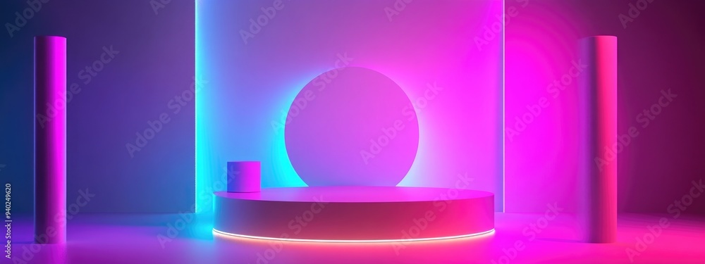 Poster 3D display podium featuring a geometric platform and cylinder stand Commercial backdrop with minimal modern design elements 3D rendering