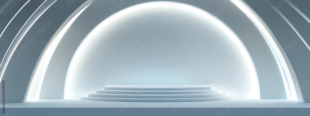 Aufkleber 3D rendering of an abstract futuristic backdrop featuring a blank podium stage designed for product showcases