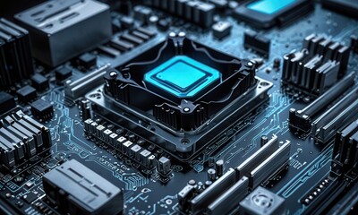 Fototapeta premium a close-up view of a computer motherboard highlighting the intricate pathways and a central processing unit with a neon blue and cyan color scheme.