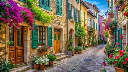 Fototapeta premium Charming cobblestone streets lined with colorful shutters and blooming flowers in a beautiful old town of Provence