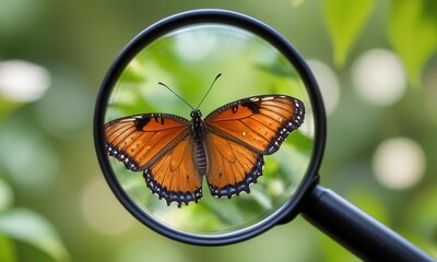 A close-up view through a magnifying glass revealing the delicate details of a butterfly&rsquo;s wing pattern against a blurred garden background.