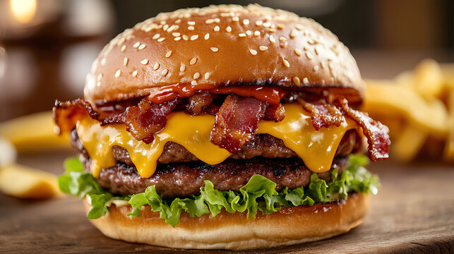 The Ultimate Bacon Cheeseburger Craving: A juicy double-patty burger, stacked high with crispy bacon and melted cheddar cheese, entices with every delicious detail. 