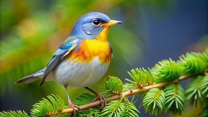 Obraz premium Northern Parula bird in boreal forest of Quebec, Northern Parula, warbler, upper canopy, small bird, boreal forest, Quebec, Canada