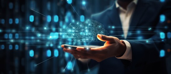 A businessman holding up and down arrows with a cloud icon, an online data transfer concept background. a closeup view.
