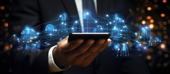 A businessman holding up and down arrows with a cloud icon, an online data transfer concept background. a closeup view.