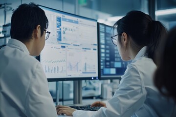 A medical research team discusses their findings at a lab meeting, with charts and graphs displayed on a screen The setting, Generative AI