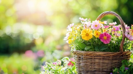A beautiful basket filled with colorful flowers, basking in gentle sunlight, perfect for spring or garden-themed projects.
