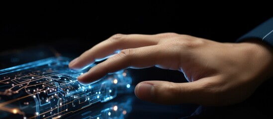 Finger touching a virtual screen and an artificial intelligence robot hand on a dark blue background. Digital data technology concept.