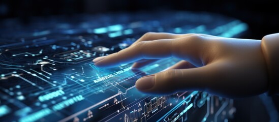 Finger touching a virtual screen and an artificial intelligence robot hand on a dark blue background. Digital data technology concept.