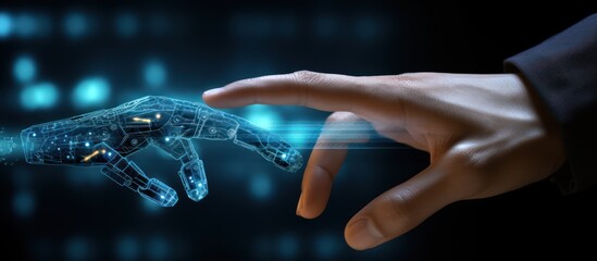 Finger touching a virtual screen and an artificial intelligence robot hand on a dark blue background. Digital data technology concept.