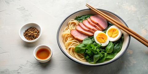 Ramen ingredients displayed on a light background ramen noodles, soft-boiled egg, sliced meat, spinach , ramen