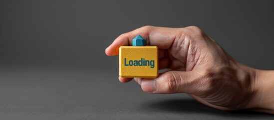 Hand holding colorful block with text "Loading" on grey background. Loading screen concept for web design and mobile app development.